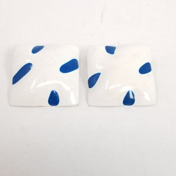 Vintage Retro Blue and White Enamel Square Shape Stud Earrings, 80s Style - Picture 2 of 5
